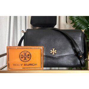 Tory Burch Black Leather and Suede Kira Handbag With Gold Logo Accents & Adjusta